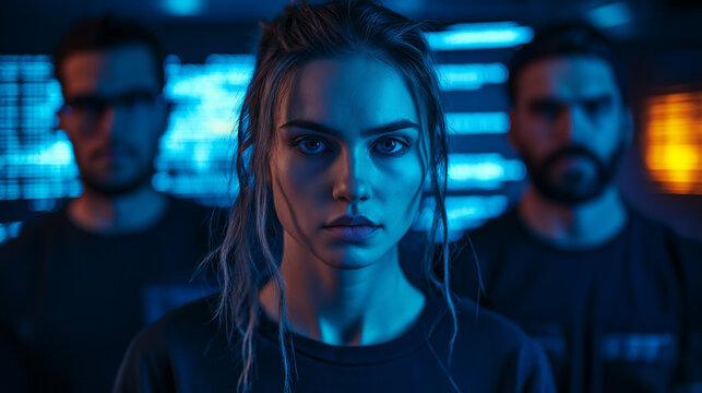 A team of four cybersecurity experts, two men and two women, dressed in dark casual attire, standing in a dimly lit office with glowing screens full of encrypted code in the background.