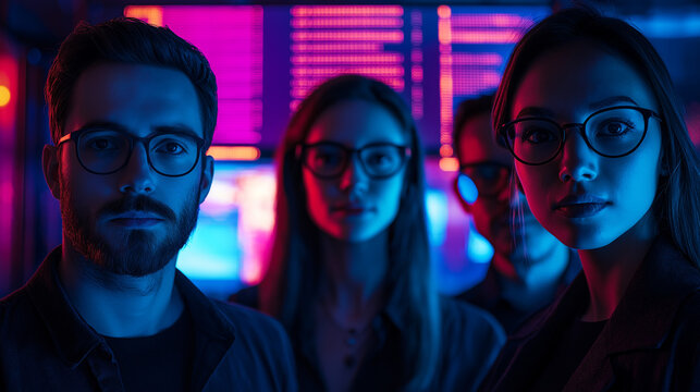 A team of four cybersecurity experts, two men and two women, dressed in dark casual attire, standing in a dimly lit office with glowing screens full of encrypted code in the background.