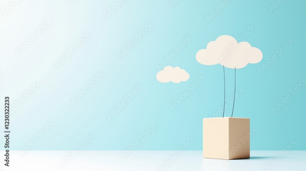 Poster pm 2.5 particles impact concept. a block with clouds and rain against a light blue background.