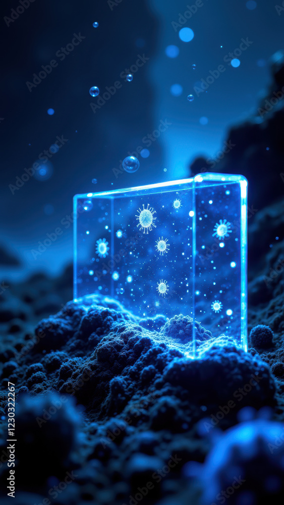 Poster a digital representation of internet security with a blue cube that contains a world inside, signify