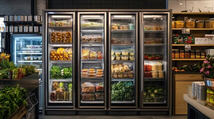 Refrigerated Shelves of Freshly Packed Produce in a Modern Grocery Store