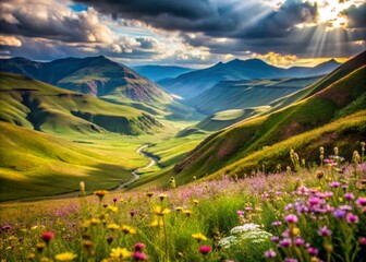 Minimalist Lesotho Mountain Valley: Wildflowers & Peaks