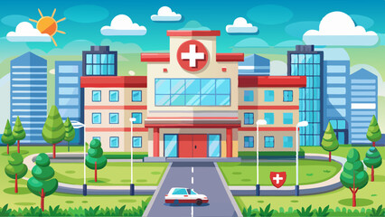 Naklejka premium Modern hospital building with a red cross symbol, surrounded by trees, green lawns, and a driveway with an ambulance, set against a backdrop of city skyscrapers and a sunny sky