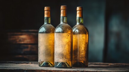 Obraz premium Three Aged Wine Bottles on Rustic Wooden Table