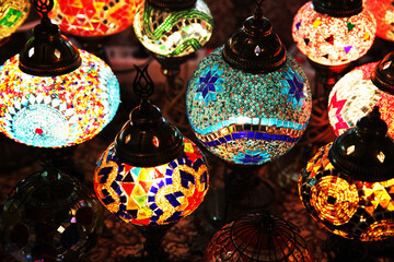 Fototapeta premium colorful balloons, ceiling lights, oriental-style lanterns, bottom view, beautiful background