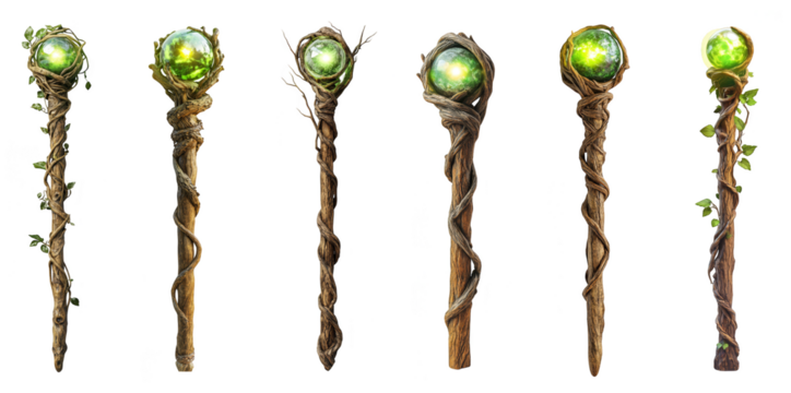 magical nature wands with glowing orbs elegant design on transparent background