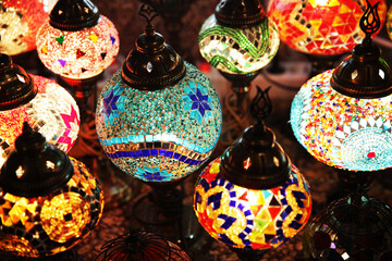 colorful balloons, ceiling lights, oriental-style lanterns, bottom view, beautiful background