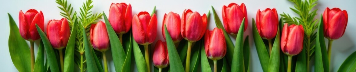 Fototapeta premium Freshly picked bunch of red tulips and green ferns, flowers, bouquet, arrangement