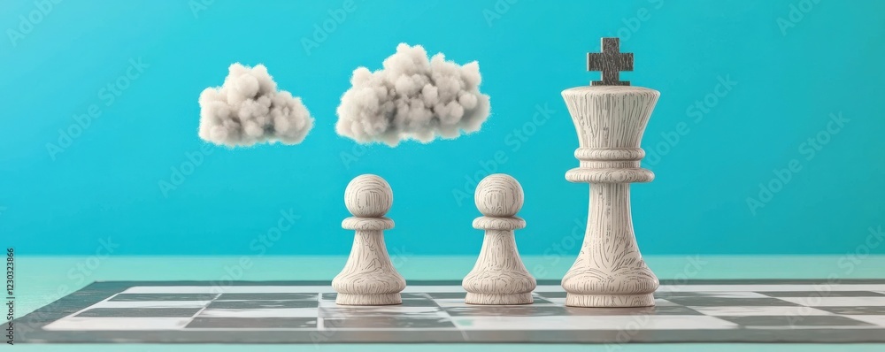 Poster pm 2.5 particles impact concept. chess pieces on a board with clouds in a colorful background.