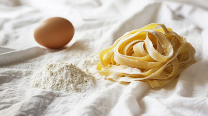 Tagliatelle all'uovo fresche posizionate su una tovaglia di lino bianco, con elementi di farina e un uovo