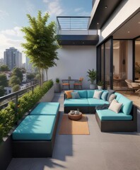 Fototapeta premium Sleek and modern balcony with a built-in seating area for relaxation, modern decor, balcony, comfort