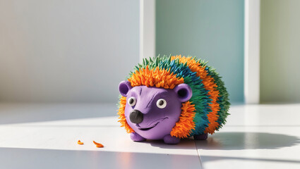 Colorful hedgehog figurine made from modeling clay placed on a bright floor during afternoon light