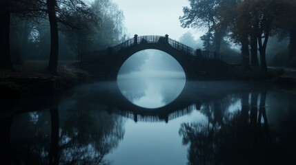 Serene Bridge and Misty Water Reflection in Autumn Park