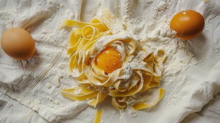 Tagliatelle all'uovo fresche posizionate su una tovaglia di lino bianco, con elementi di farina e un uovo