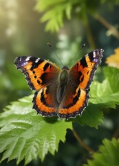 Obraz premium Small tortoiseshell butterfly perched on a leaf , small tortoiseshell, butterfly, green leaf