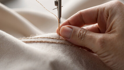 Hand sewing a delicate stitch on soft fabric during a crafting session at home