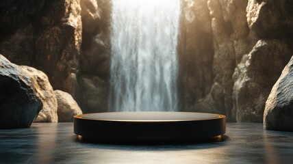 a circular, black podium with a gold trim, set against a backdrop of a tranquil waterfall cascading through a rocky canyon