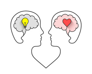 IQ and EQ, cerebral hemisphere dominance or right and left brain hemispheres concept. Head outline, brain, light bulb and heart symbol.