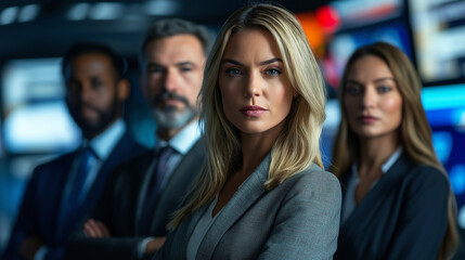 A group of five journalists, three women and two men, standing in a newsroom with large television screens and blurred digital tickers in the background