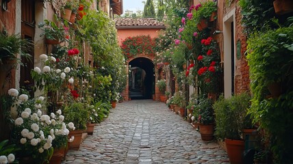 Naklejka premium Cobblestone alleyway lined with terracotta pots overflowing with colorful flowers and lush greenery.