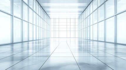 Fototapeta premium Modern Empty Office Corridor with Large Windows and Polished Tiles