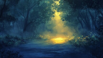 Obraz premium Enchanted Forest Path with Golden Sunlight Rays