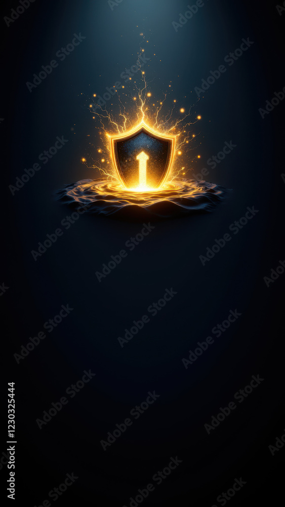 Poster a stylized digital art image featuring a shield with flames surrounding it, symbolizing internet sec
