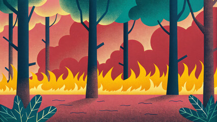 Abstract Illustration Of A Forest Fire, Spreading Flames, Concept Of Wildfire, Climate Change, Environmental Disaster, Businesses In Fire Prevention, Disaster Awareness, Environmental Protection.