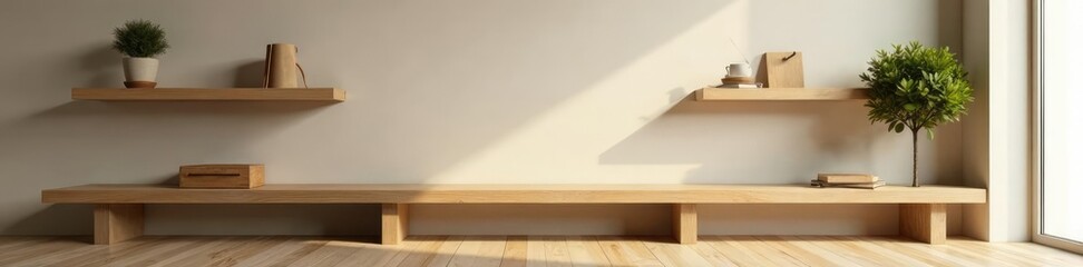 Low-slung wooden shelves with minimalist decor, simple, wooden