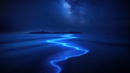 Bioluminescent Waves Under Starry Night Sky Over Calm Ocean
