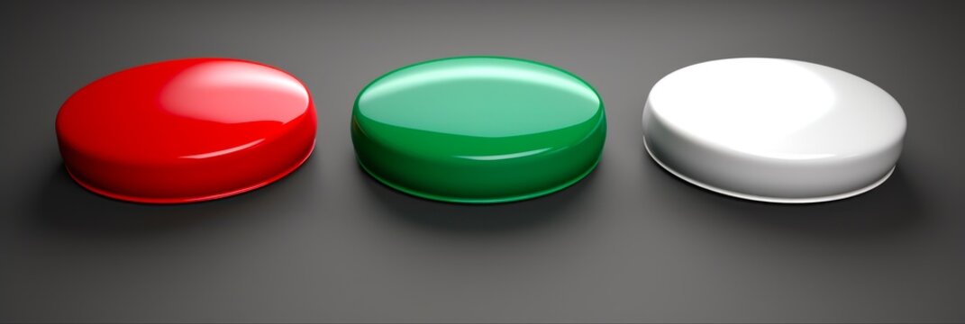 3D Render of Red and Green Buttons on White Background. Blank Space for Copy with Cyber-Tech Style - Powered by Adobe
