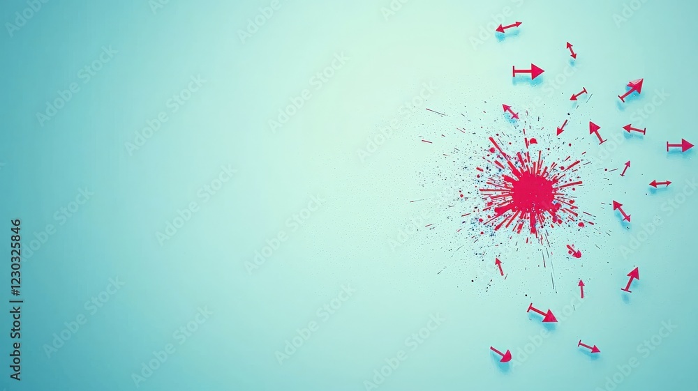 Poster pm 2.5 particles impact concept. abstract splatter with miniature figures on a blue background.