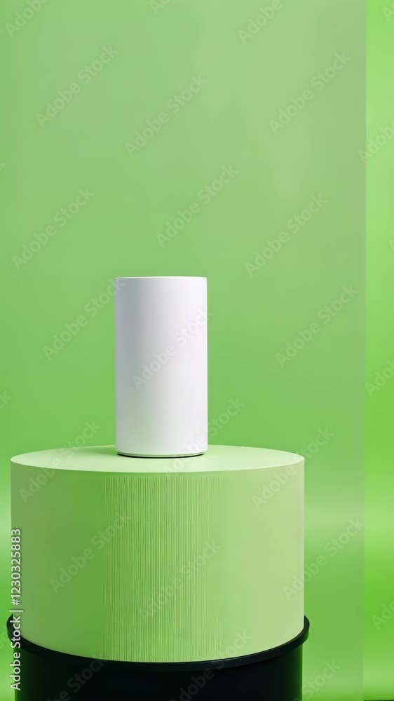 Poster minimalist product display on green screen background with white cylinder on rotating platform for m
