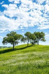 Three Trees on Rolling Hills Under Bright Blue Sky with Clouds