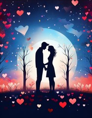 Obraz premium silhouettes of lover in eternal light with hearts 