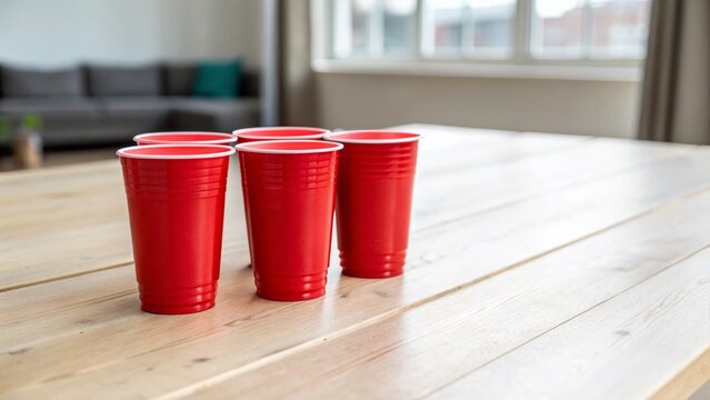Minimalist Red Plastic Cups on Wooden Table - Simple Clean Stock Photo