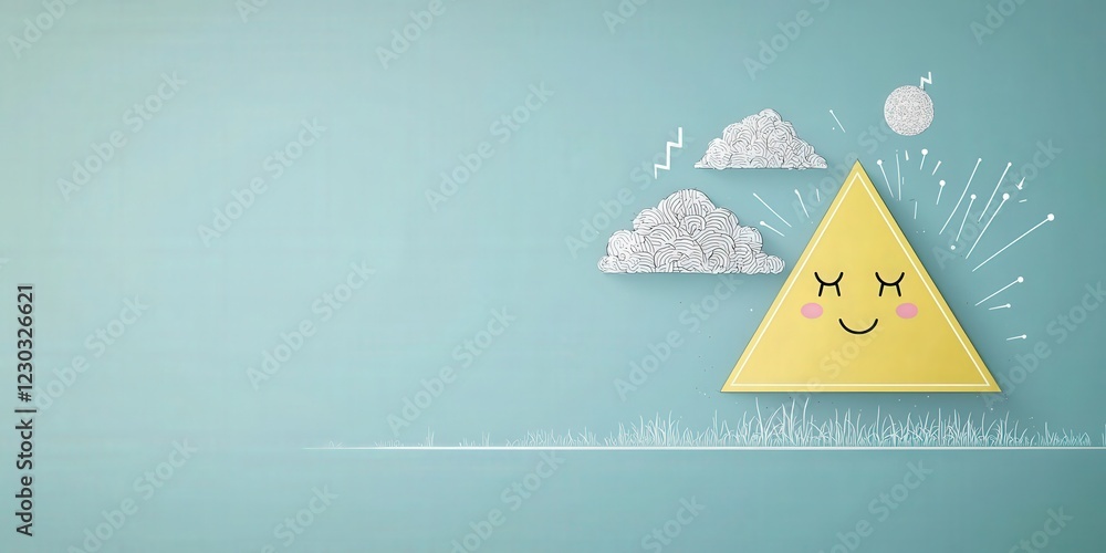 Poster pm 2.5 particles impact concept. cheerful yellow triangle with a smile, surrounded by clouds and rai