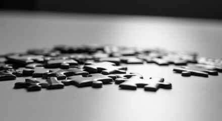 Black and white image of scattered puzzle pieces on a table