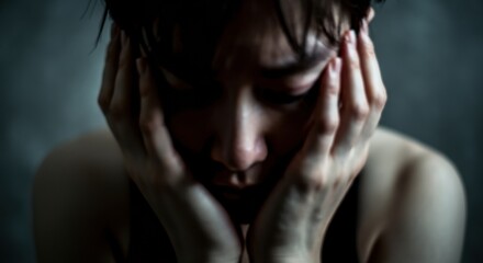 Fototapeta premium Woman with hands on her face, expressing deep emotional distress