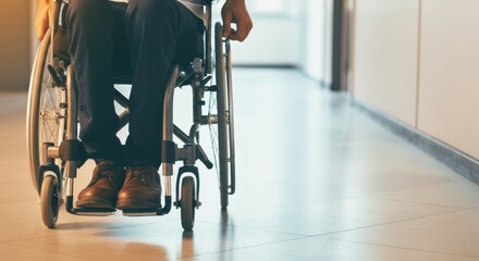Person in a wheelchair navigating a hospital corridor with determination
