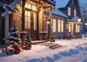 Snowy winter scene with Christmas decorations, serene, peaceful