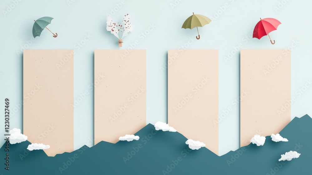 Poster pm 2.5 particles impact concept. colorful umbrellas above blank boards with clouds and waves in a pl