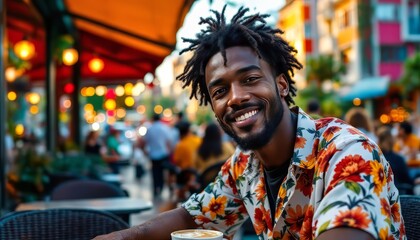 Fototapeta premium Smiling Black man in a floral shirt enjoying coffee at a vibrant outdoor café.