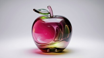 A vibrant glass apple, meticulously crafted with swirling colors and a detailed stem, sits on a plain background.