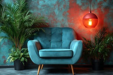 Fototapeta premium Modern Interior Design with Teal Chair and Greenery in Artistic Setting
