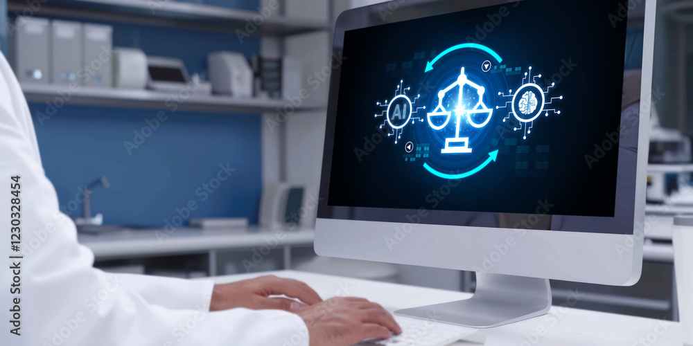 Poster ai ethics responsibility standard law and rules on computer screen provide report of ai ethic transp