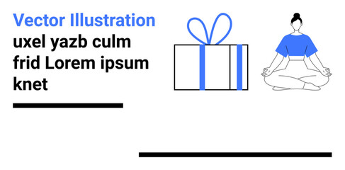 Woman mediating in lotus position beside a large gift box tied with ribbon. Ideal for mindfulness, wellness, gift giving, relaxation, balance, focus, inspiration. Landing page