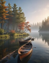 Obraz premium Soft mist envelops a serene lake where a solitary wooden canoe is moored to the shore, lake scenery, tranquility, solitude