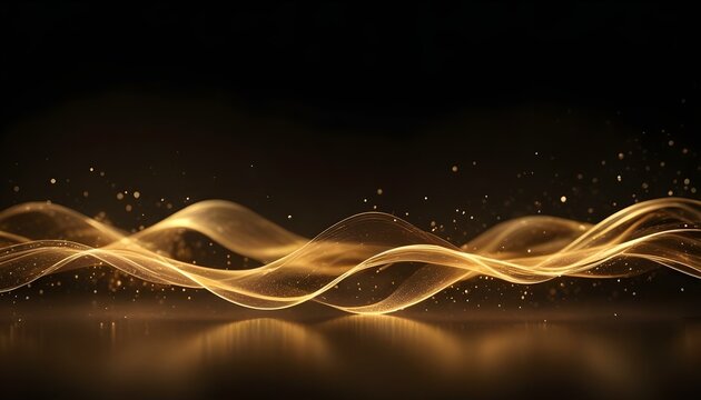 Ondas doradas brillantes de luz y part&iacute;culas brillantes sobre un fondo oscuro