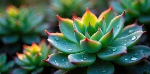 Obraz premium Sparkling dewdrops glisten on succulent leaves, leaves, succulent plants